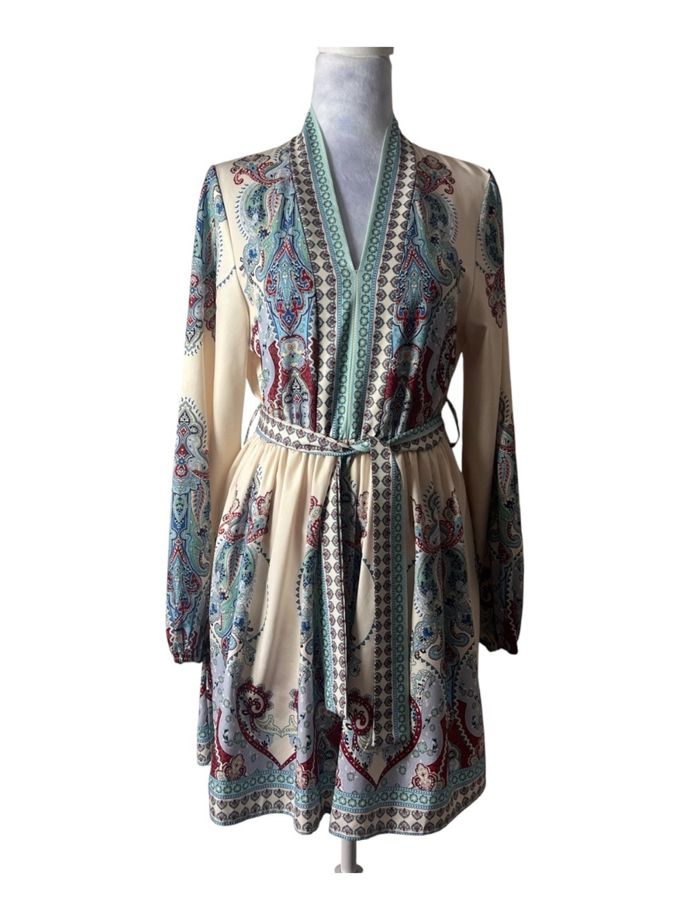Sunday Up Cream Paisley-Print Long Sleeve Wrap Dress with Belt Sz S